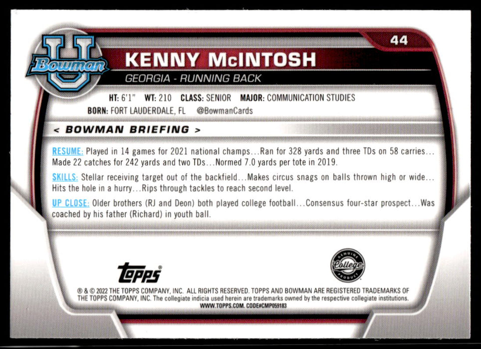 Kenny McIntosh 2022 Bowman U Football Base Back of Card