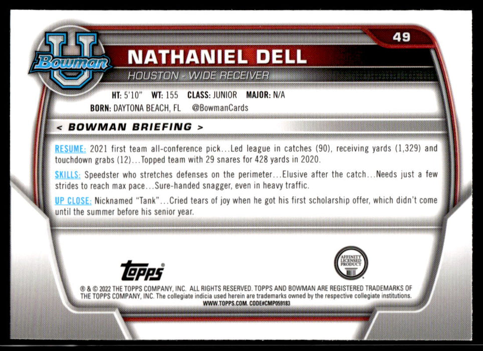 Nathaniel Dell 2022 Bowman U Football Base Back of Card