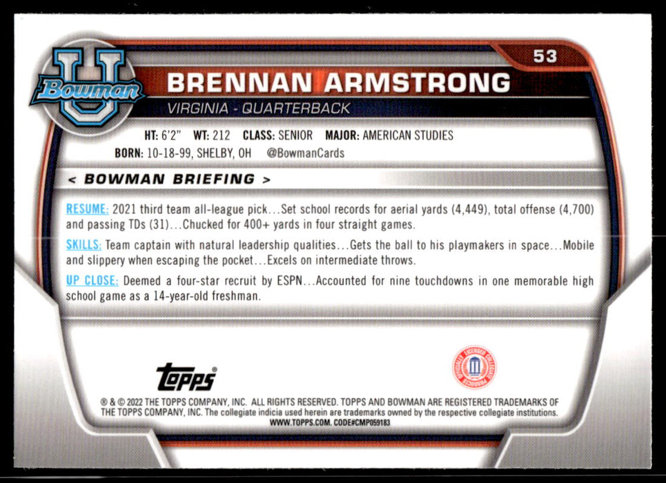 Brennan Armstrong 2022 Bowman U Football Base Back of Card