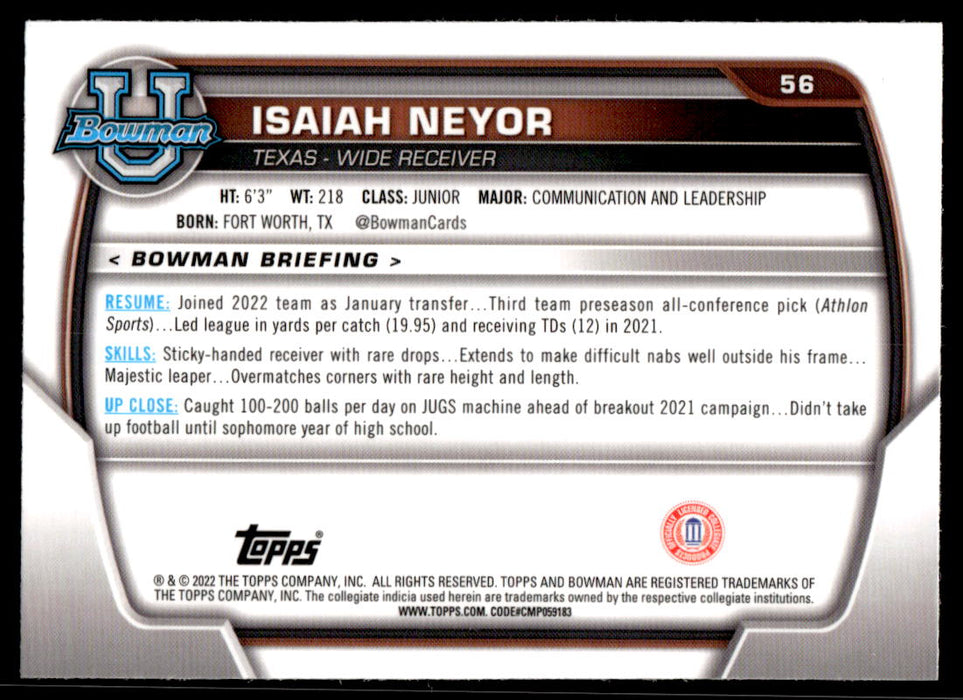 Isaiah Neyor 2022 Bowman U Football Base Back of Card