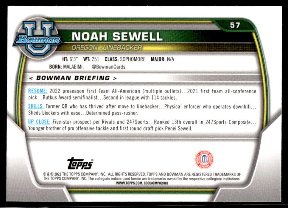 Noah Sewell 2022 Bowman U Football Base Back of Card