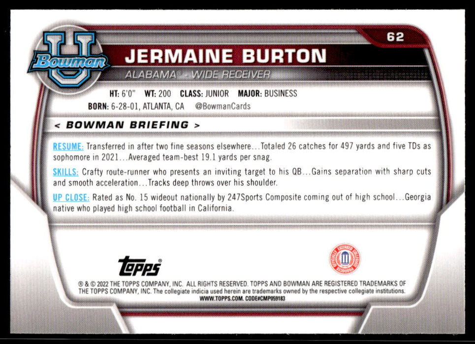 Jermaine Burton 2022 Bowman U Football Base Back of Card