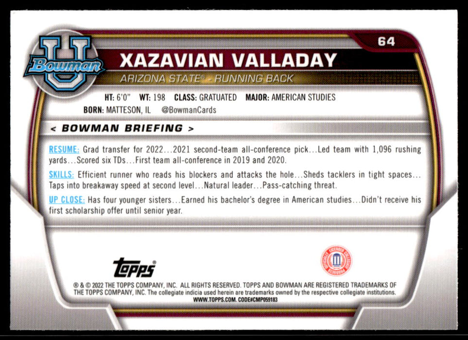 Xazavian Valladay 2022 Bowman U Football Base Back of Card