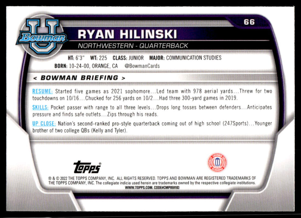 Ryan Hilinski 2022 Bowman U Football Base Back of Card