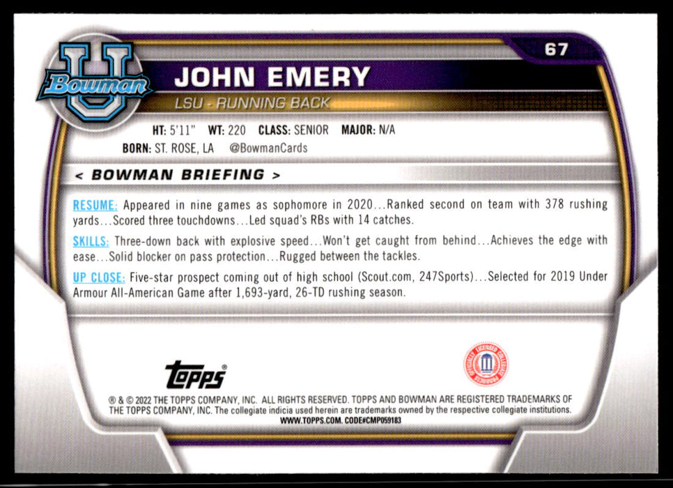 John Emery 2022 Bowman U Football Base Back of Card