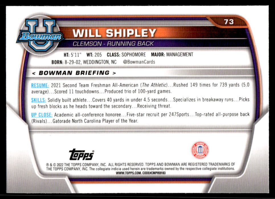 Will Shipley 2022 Bowman U Football Base Back of Card