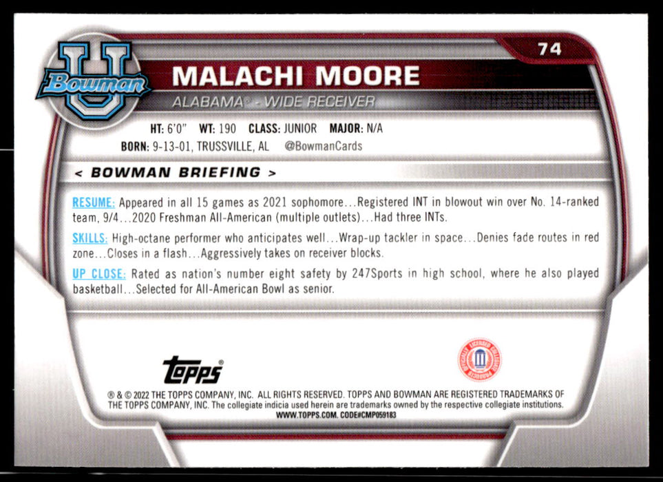 Malachi Moore 2022 Bowman U Football Base Back of Card