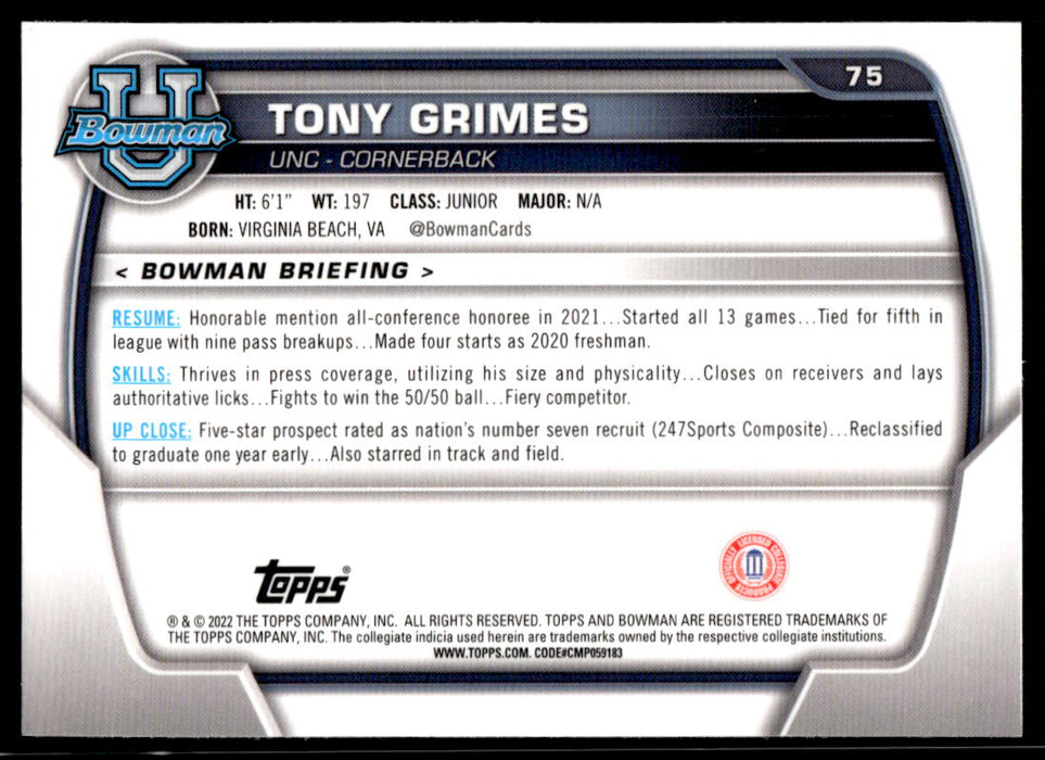 Tony Grimes 2022 Bowman U Football Base Back of Card