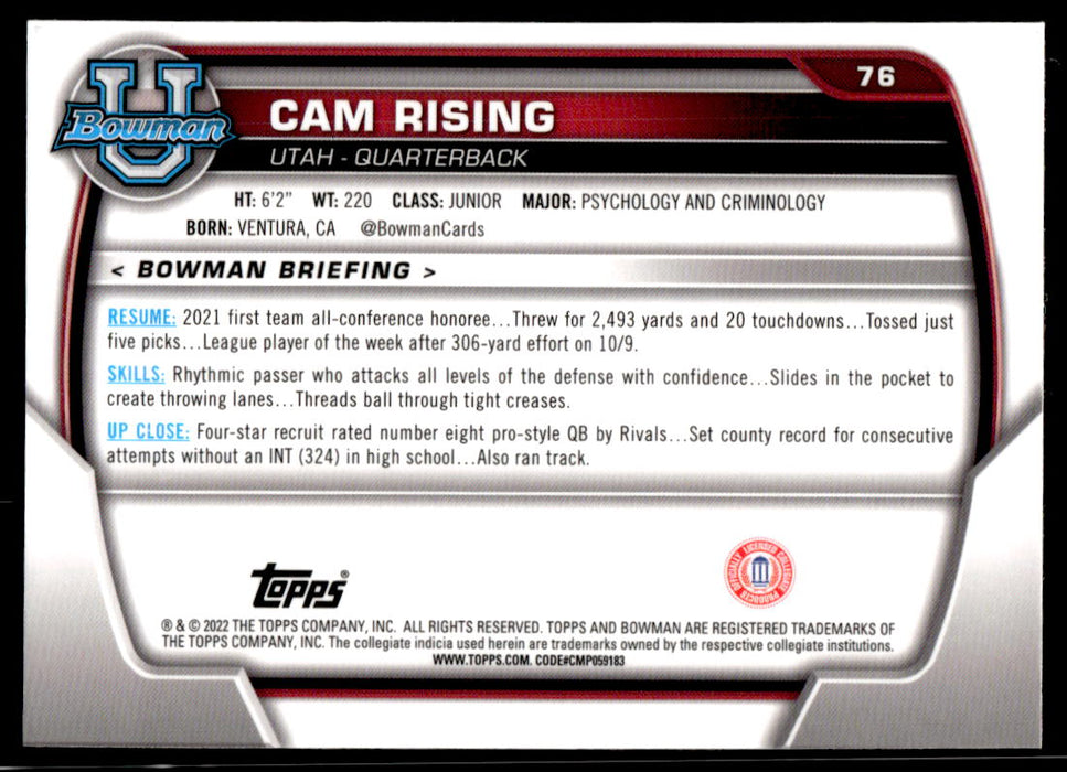 Cam Rising 2022 Bowman U Football Base Back of Card