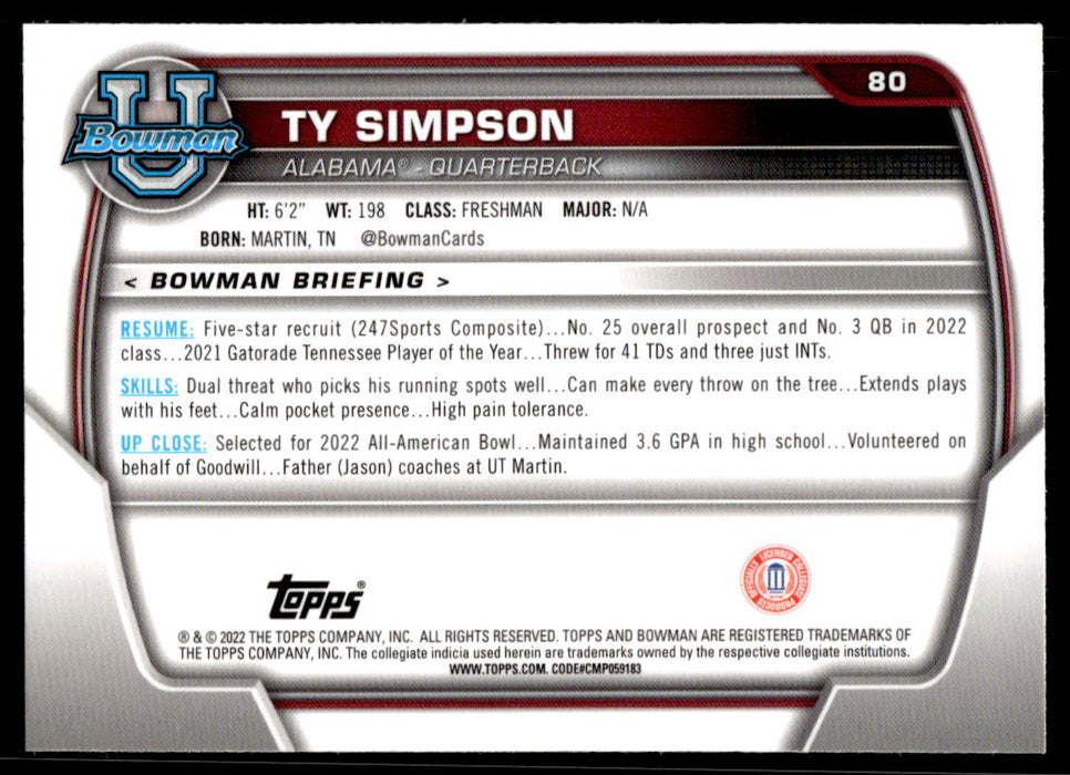 Ty Simpson 2022 Bowman U Football Base Back of Card