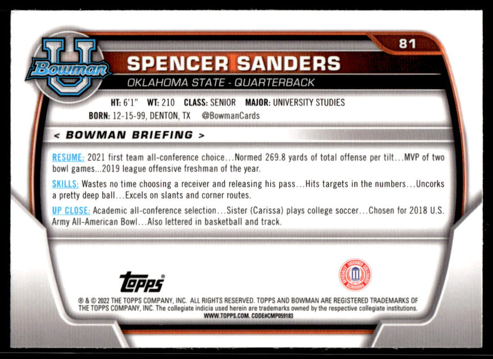 Spencer Sanders 2022 Bowman U Football Base Back of Card