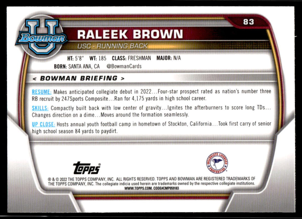 Raleek Brown 2022 Bowman U Football Base Back of Card