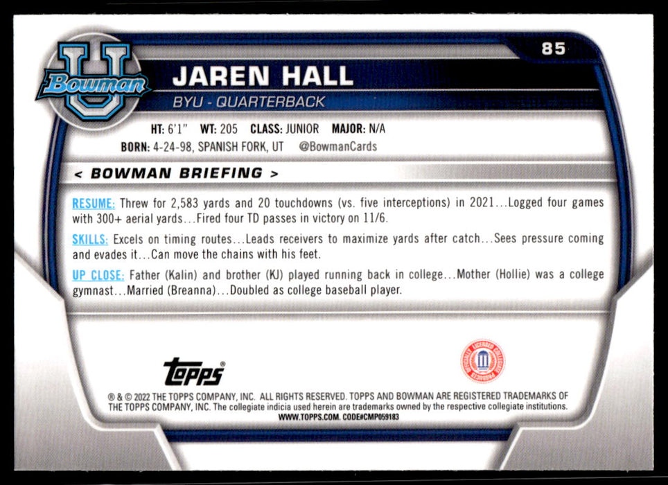 Jaren Hall 2022 Bowman U Football Base Back of Card