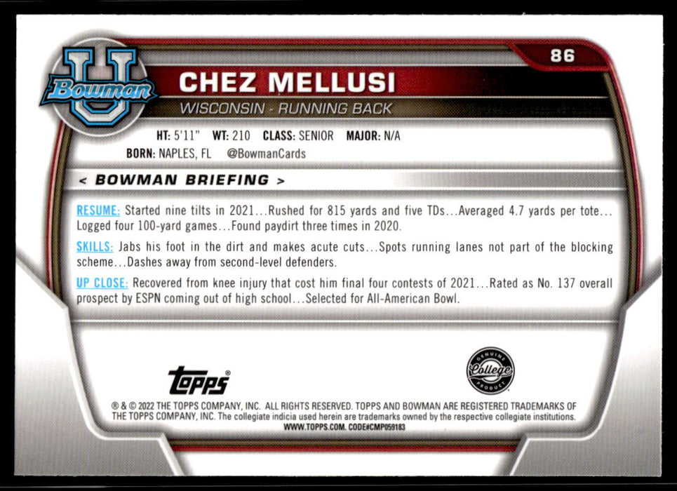 Chez Mellusi 2022 Bowman U Football Base Back of Card