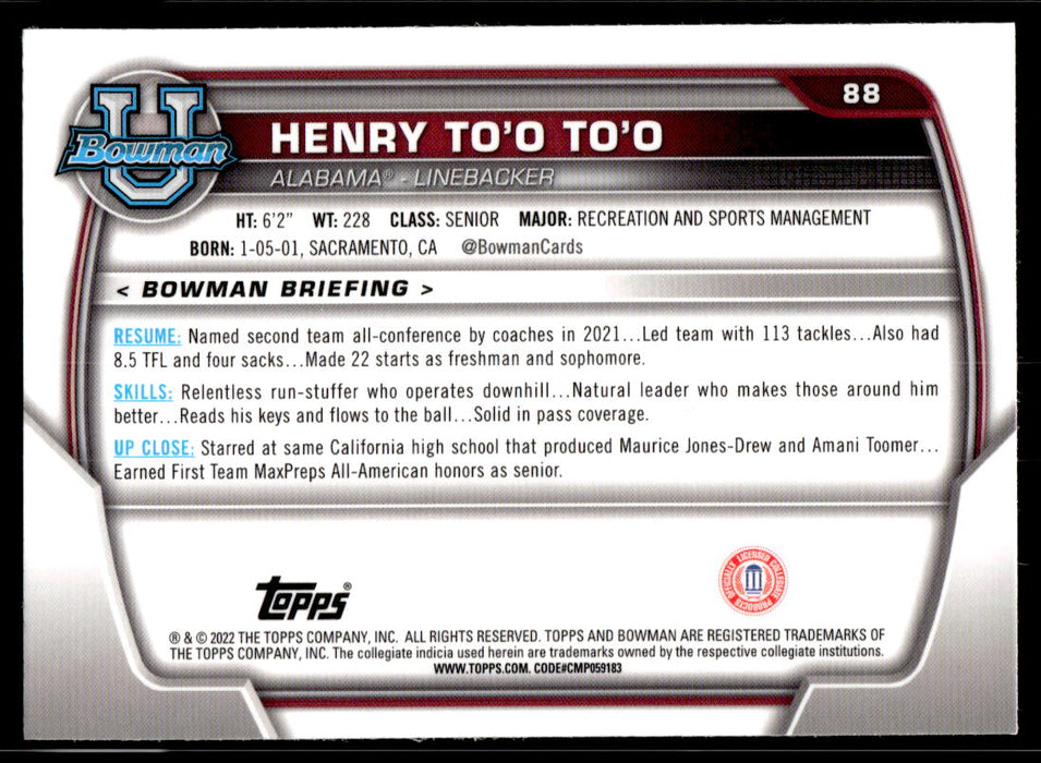 Henry To'o To'o 2022 Bowman U Football Base Back of Card