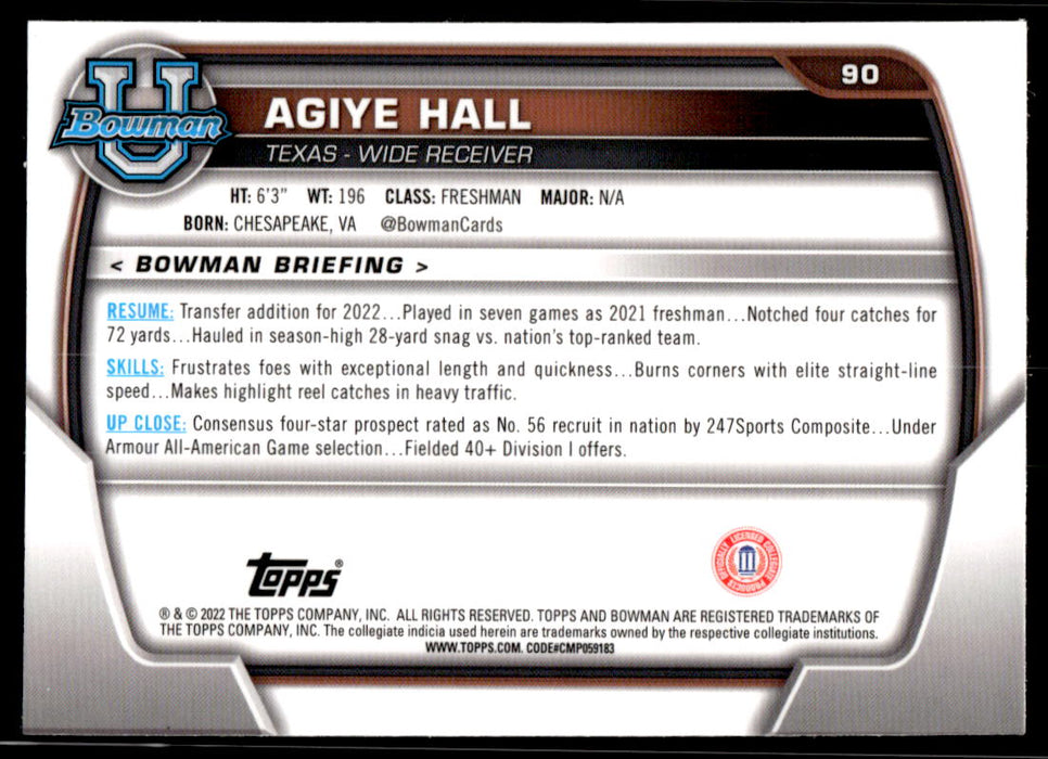 Agiye Hall 2022 Bowman U Football Base Back of Card