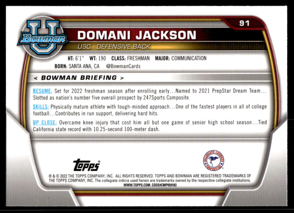 Domani Jackson 2022 Bowman U Football Base Back of Card