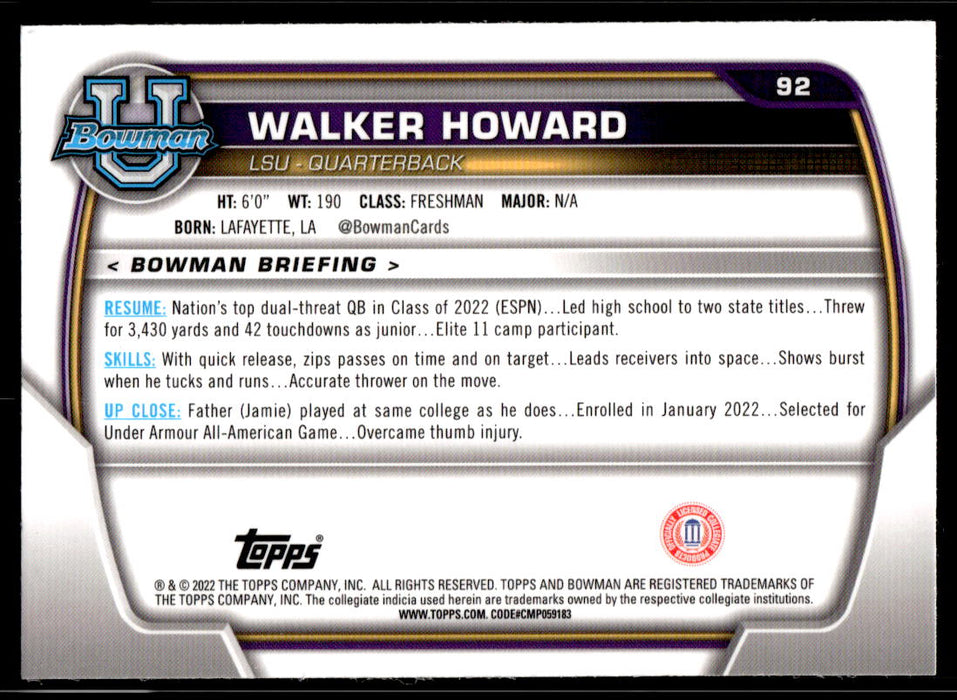 Walker Howard 2022 Bowman U Football Base Back of Card