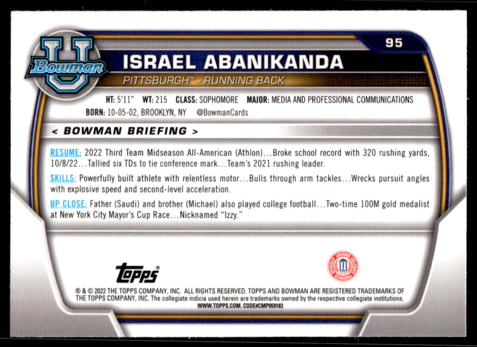 Israel Abanikanda 2022 Bowman U Football Base Back of Card