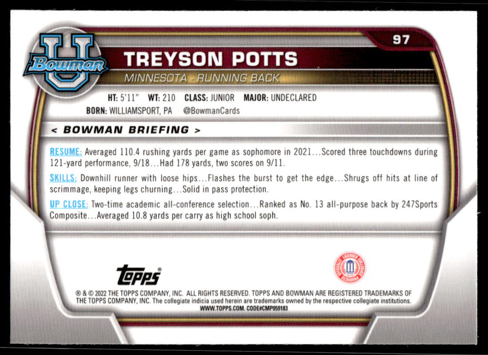 Treyson Potts 2022 Bowman U Football Base Back of Card