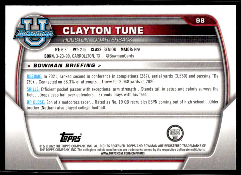 Clayton Tune 2022 Bowman U Football Base Back of Card