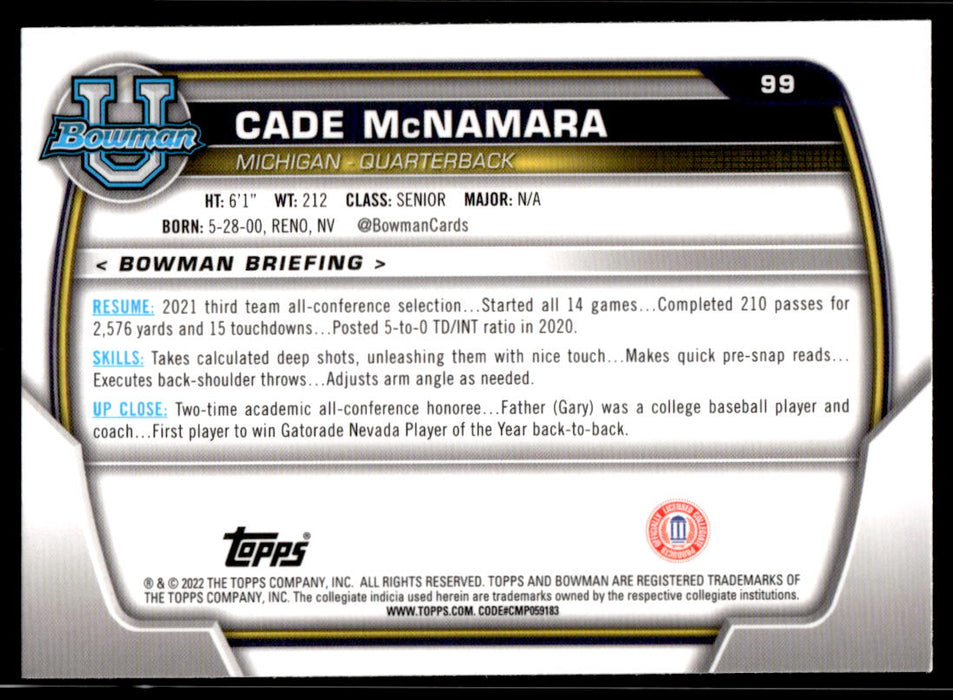 Cade McNamara 2022 Bowman U Football Base Back of Card