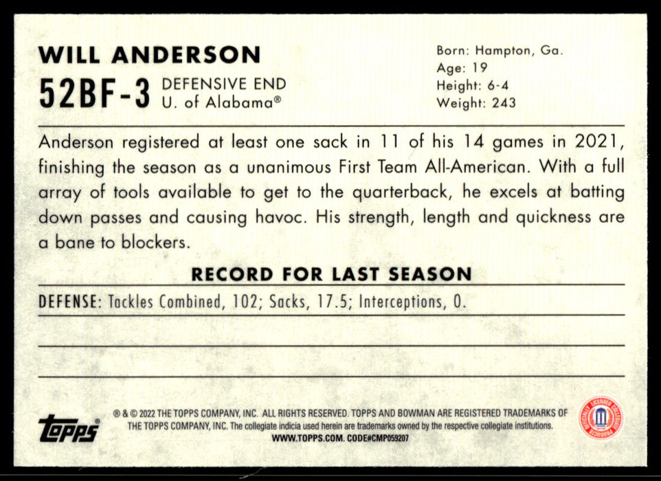 Will Anderson 2022 Bowman U Football Base Back of Card