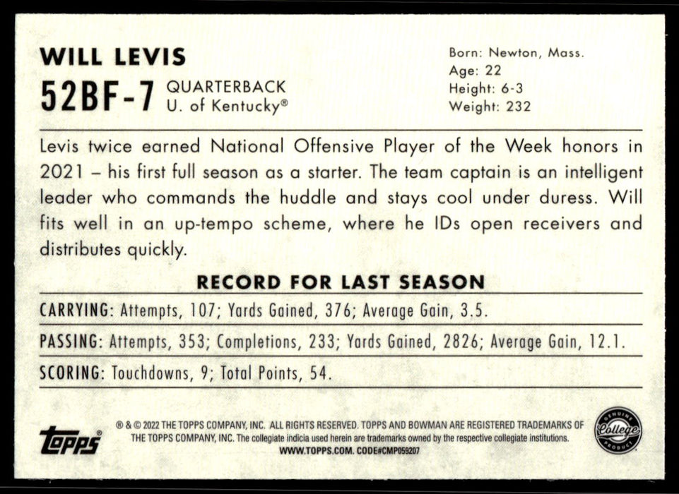 Will Levis 2022 Bowman U Football Base Back of Card