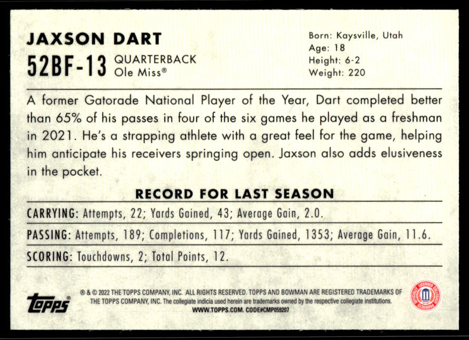 Jaxson Dart 2022 Bowman U Football Base Back of Card