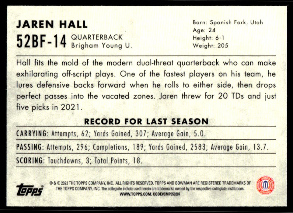 Jaren Hall 2022 Bowman U Football Base Back of Card