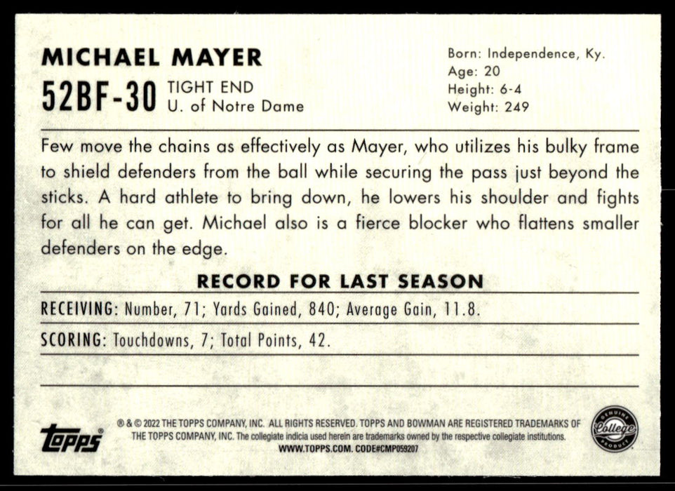 Michael Mayer 2022 Bowman U Football Base Back of Card