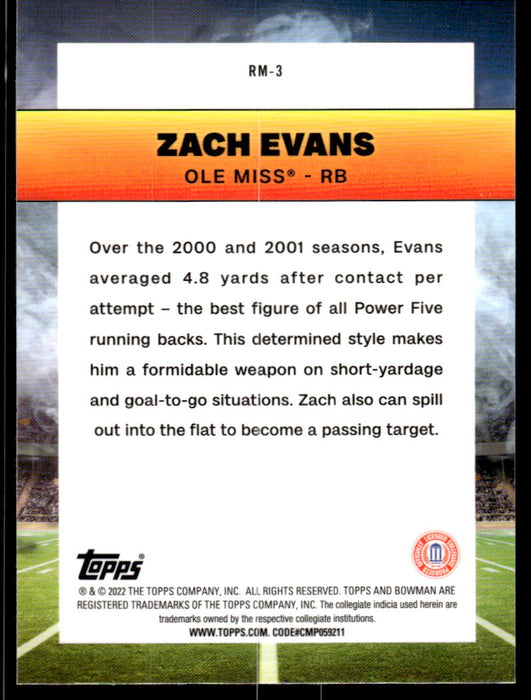 Zach Evans 2022 Bowman U Football Base Back of Card