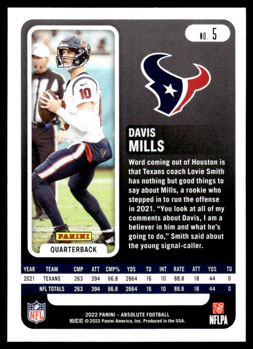 Davis Mills 2022 Panini Absolute Football Base Back of Card