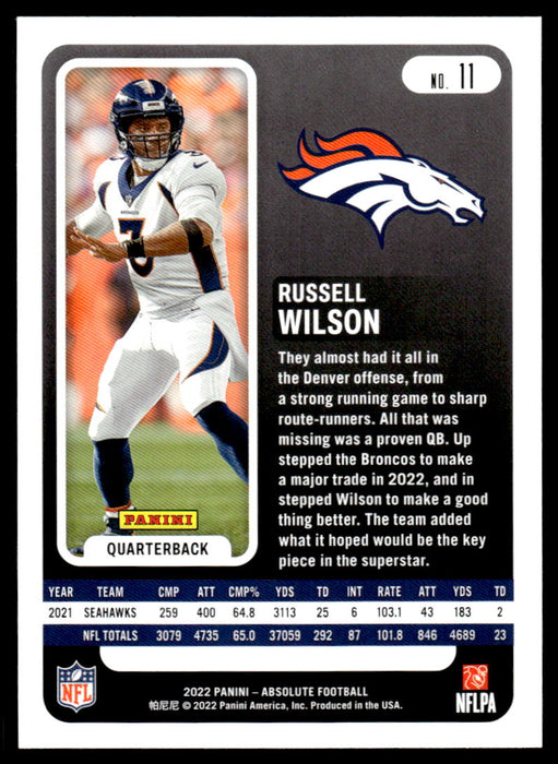 Russell Wilson 2022 Panini Absolute Football # 11 Base Denver Broncos —  Collectible Craze America