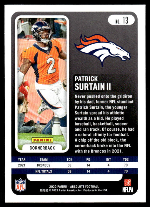 Patrick Surtain II 2022 Panini Absolute Football Base Back of Card