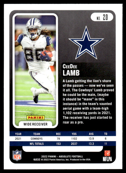 CeeDee Lamb 2022 Panini Absolute Football Base Back of Card