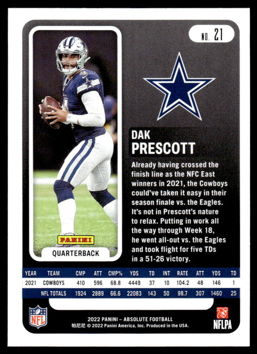 Dak Prescott 2022 Panini Absolute Football Base Back of Card