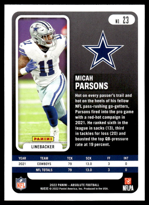 Micah Parsons 2022 Panini Absolute Football Base Back of Card