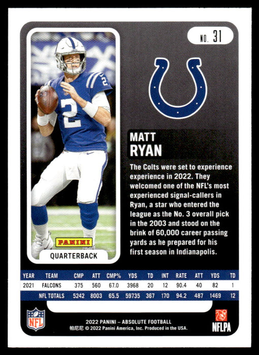 Matt Ryan 2022 Panini Absolute Football Base Back of Card