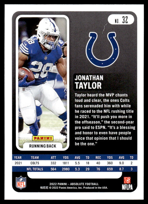 Jonathan Taylor 2022 Panini Absolute Football Base Back of Card