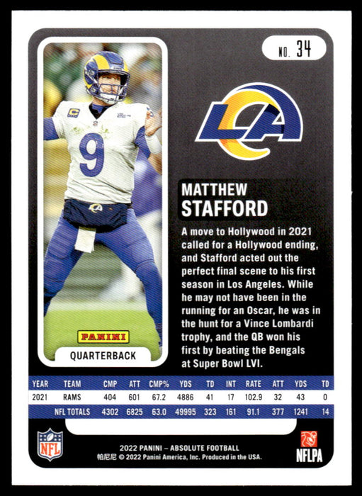 Matthew Stafford 2022 Panini Absolute Football Base Back of Card