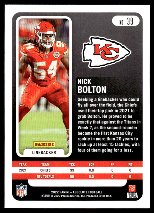 Nick Bolton 2022 Panini Absolute Football Base Back of Card