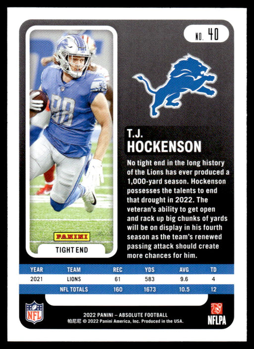 T.J. Hockenson 2022 Panini Absolute Football Base Back of Card