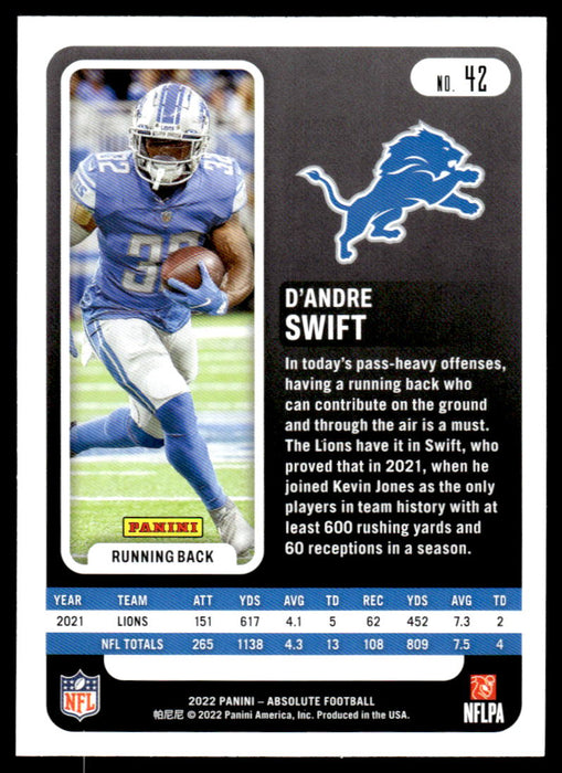 D'Andre Swift 2022 Panini Absolute Football Base Back of Card