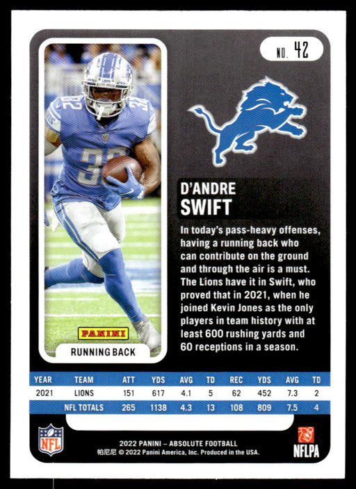 D'Andre Swift 2022 Panini Absolute Football Base Back of Card