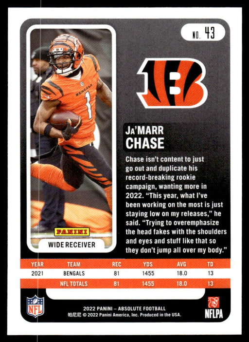 Ja'Marr Chase 2022 Panini Absolute Football Base Back of Card