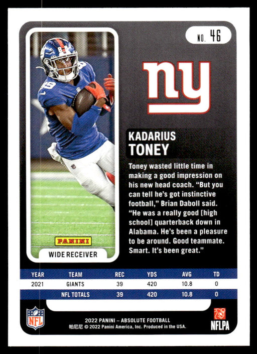 Kadarius Toney 2022 Panini Absolute Football Base Back of Card