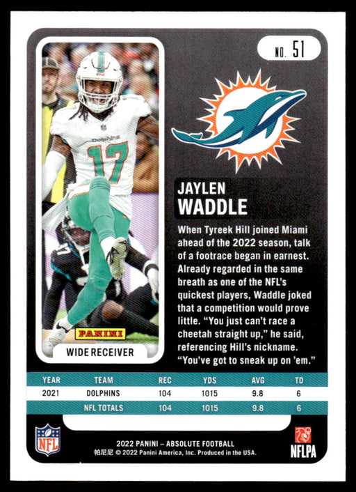 Jaylen Waddle 2022 Panini Absolute Football Base Back of Card