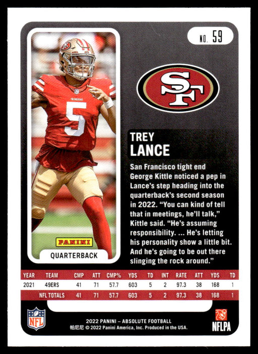 Trey Lance 2022 Panini Absolute Football Base Back of Card