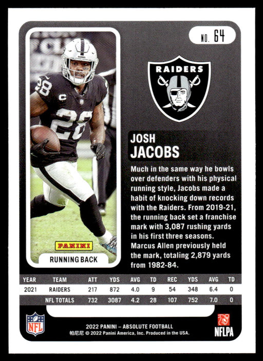 Josh Jacobs 2022 Panini Absolute Football Base Back of Card